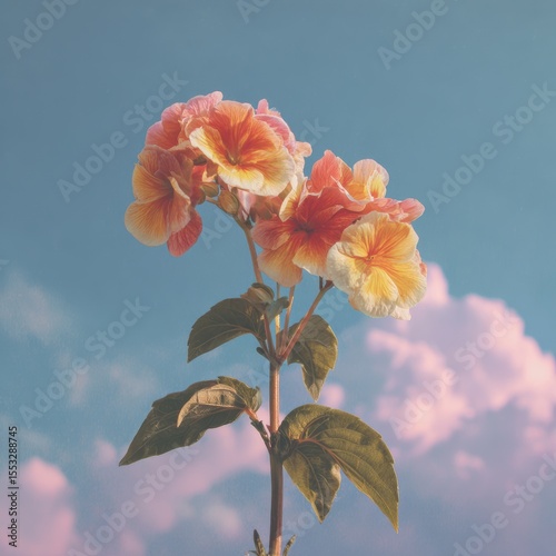 Radiant Blossom Against Pastel Sky Elegant Floral Beauty with Dreamy Clouds Serene Botanical Garden