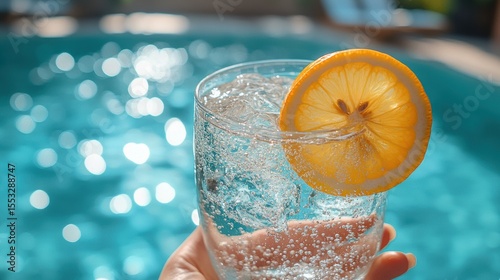 Refreshing sparkling drink with lemon slice held against blurry pool in bright summer sunlight