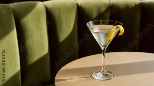 Elegant martini glass with lemon twist on sunlit table