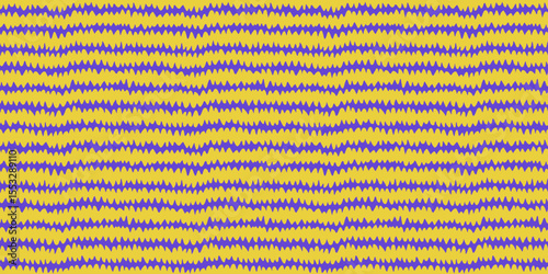 Zigzag pattern seamless background in yellow and purple. Hand drawn brush lines form playful zigzag texture, ideal for fabric, packaging, wallpaper, or bold graphic print. Drag to swatches panel.