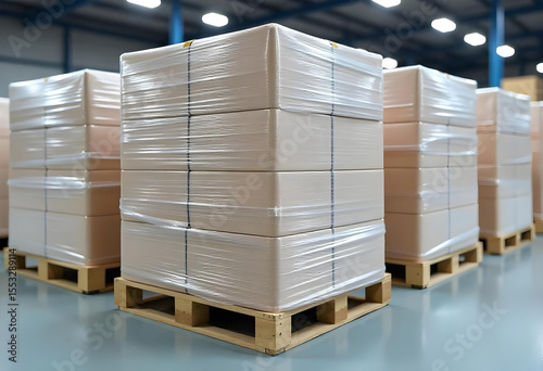 Pallets Wrapped in Stretch Film with Uniform Packaging for Goods Protection in Warehouse

