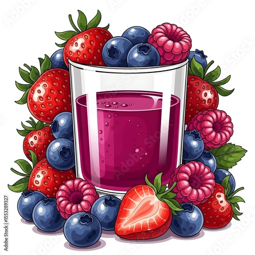 Refreshing berry smoothie surrounded by fresh strawberries blueberries and raspberries