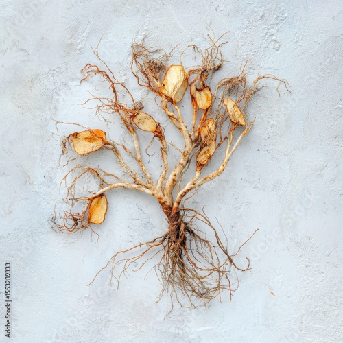 Artistic Arrangement of Plant Roots and Dried Slices on Textured Surface Aesthetic Flat Lay Composition