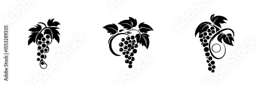 Elegant set of black icons showcasing grape clusters with leaves for design use and decoration concepts