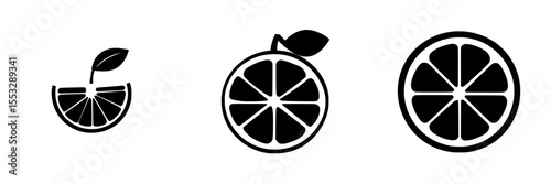 Black icon set representing a sliced lemon with variations showcasing different perspectives and details