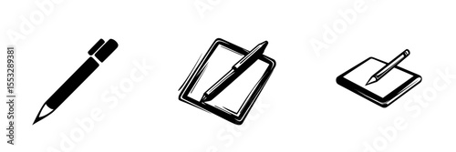 Stylized black icons of a pencil, notepad, and stylus for digital writing activities