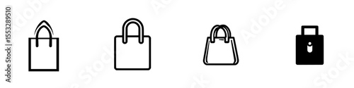 Set of four black shopping bag icons showcasing different styles and designs for modern retail use