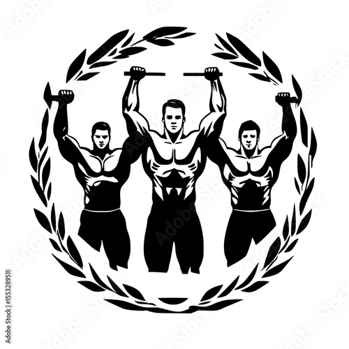 Black icon of three muscular figures performing a weightlifting exercise within a laurel wreath symbolizing strength and achievement