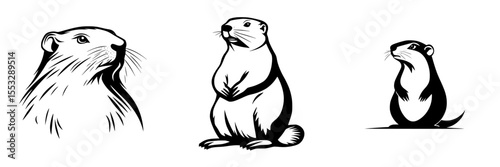 Black icon set featuring three distinct illustrations of a rodent resembling otters or marmots in varying poses