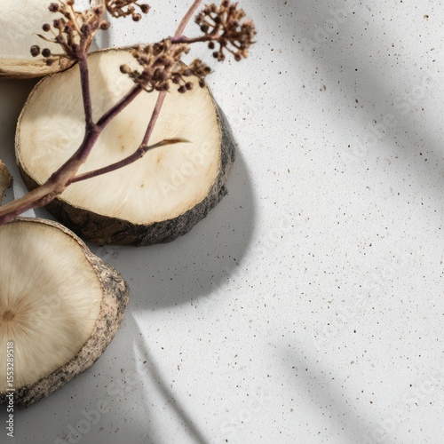 Rustic wooden slices adorn a bright speckled surface casting delicate shadows with dried twig accent
