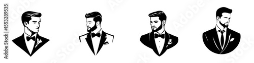 Elegant black icons of men in tuxedos showcasing various styles and poses for formal occasions and fashion design purposes