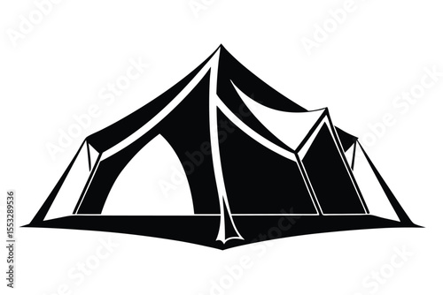 Black and White Silhouette of a Large Camping Tent with Multiple Rooms
