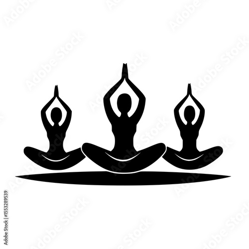 Set of three black yoga icons practicing meditation in a calm posture during a peaceful moment