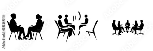 Various silhouettes of black icons depicting people in conversation and group discussions in different settings