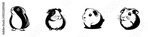 Cute black icon set featuring diverse guinea pig designs in various poses and expressions for digital use and design projects