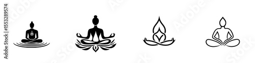 Set of four minimalist black icons depicting meditation and mindfulness concepts for yoga and wellness designs