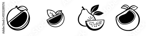 Set of black fruit icons showcasing sliced and whole fruits with leaves in a simple design style for use in various designs