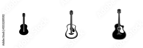 Black guitar icons displayed in a minimalistic style against a white background showcasing different angles