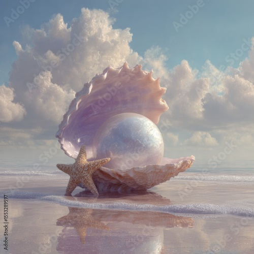 Iridescent Pearl nestled within a Sea Shell on Tropical Beach casting Reflections under Dreamy Cloudy Sky