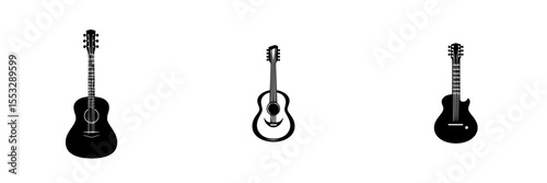 Set of black guitar icons showcasing different styles, ideal for music-related designs and themes in digital media