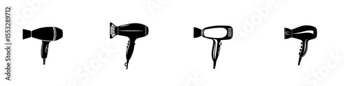 Set of four black icons depicting various hairdryer designs suitable for graphic design projects