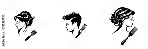 Set of black icons depicting diverse hair styling silhouettes with combs, showcasing various hair types and styles