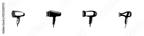 Set of black hairdryer icons in various styles and designs for graphic use