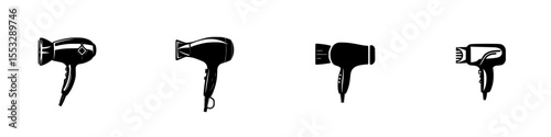 Set of black hair dryer icons in various styles showcasing sleek design and functionality for hairstyling applications