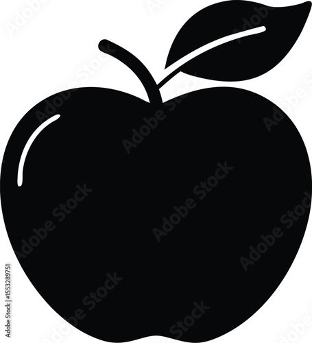 Simple black silhouette of a fresh apple with stem and leaf