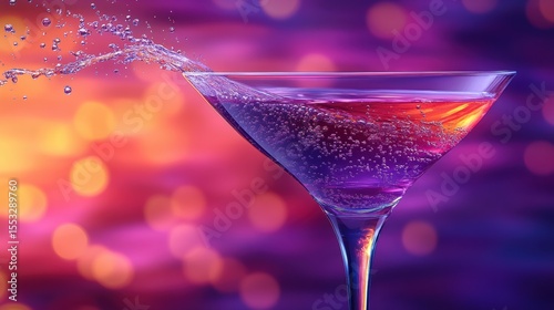 Vibrant cocktail with liquid splashes against colorful blurred background for elegant celebration