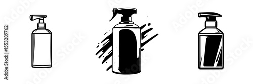 Black icon set featuring three distinct spray bottles in various designs and styles