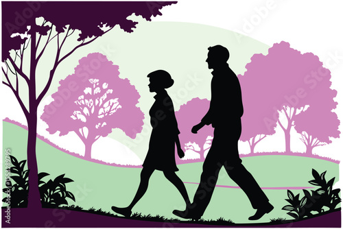 Romantic couple walking together in a park silhouette on a sunny day