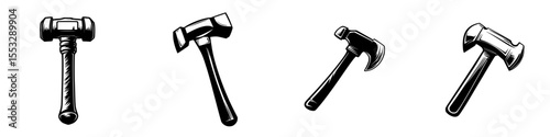 Set of black icons representing various types of hammers and mallets designed for construction and carpentry use