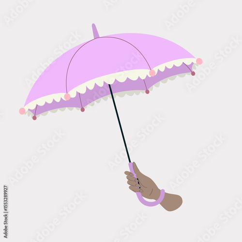 Flat vector design of adult colored woman holding purple umbrella
