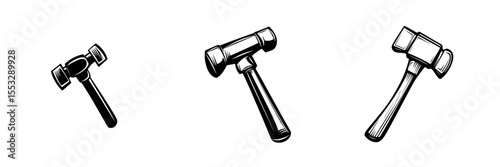 Black icons of various types of hammers arranged horizontally showing different styles and designs