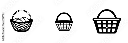 Set of black icons featuring various basket designs with different shapes and contents for versatile usage