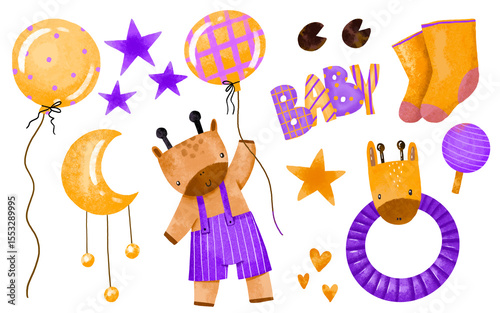 Baby set with giraffe, ballon, newborn toys. Hand drawn watercolor set