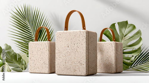 3 beige terrazzo stone airport style boxes with leather handle, minimalistic background