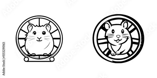Cute black icon of a hamster running on a wheel in a minimalist style showcasing joyful activity and playful design