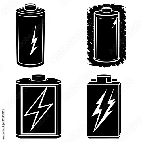 Four black and white battery illustrations with lightning bolt designs in a vector graphic format image