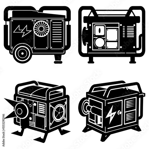 Four black and white generator illustrations with varying designs and configurations shown together