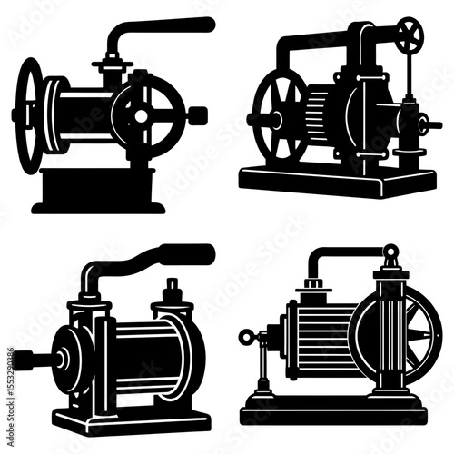 Four vintage water pumps with handles and wheels in black and white vector illustration art