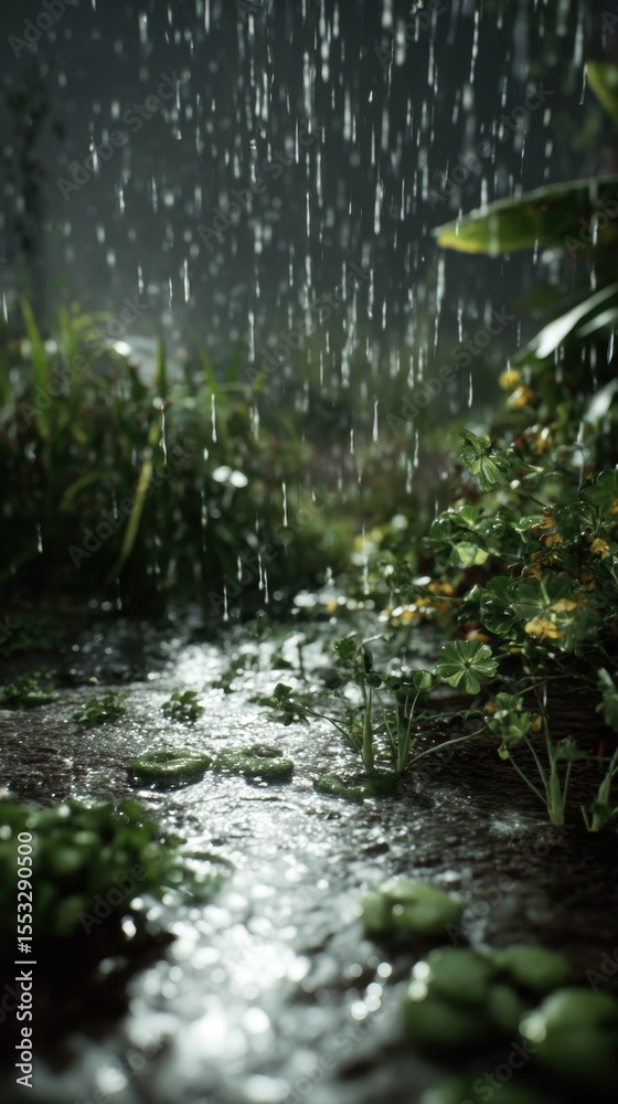 Fototapeta premium Raindrops Falling On Lush Green Plants in a Waterlogged Garden