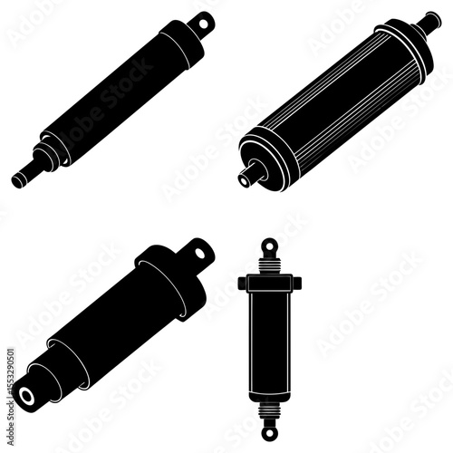 Four black hydraulic cylinders with mounting holes in various orientations on a white background