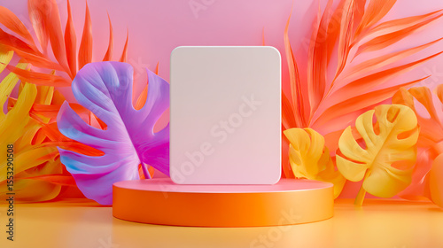 3D render of a colorful podium with a blank card in the center, set against a background of pink and orange pastel colors1