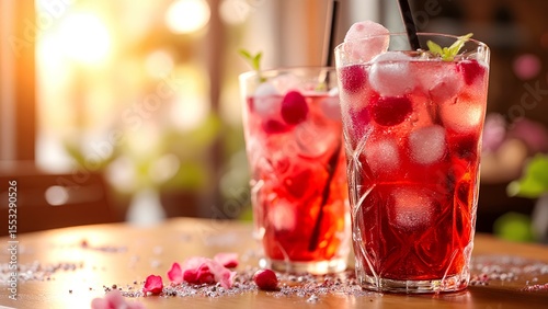 Two tall glasses of refreshing red berry drinks with ice cubes and mint leaves sit on a wooden table in warm, natural sunlight.