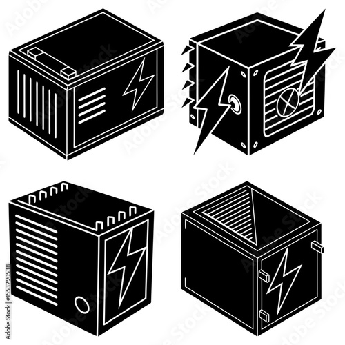 Isometric view of four black electrical boxes with lightning bolt symbols and cooling features present