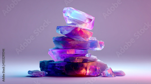 3D render of a colorful, glowing rock and crystal stack on a white background