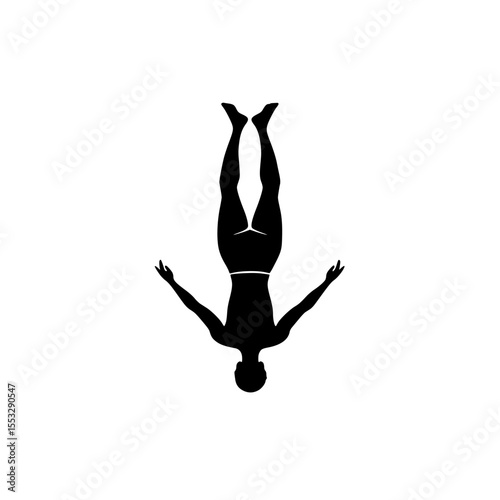 Silhouette of a person in an inverted position with arms raised against a plain white background