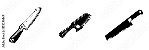 Set of black kitchen icons featuring various types of saws designed for culinary use